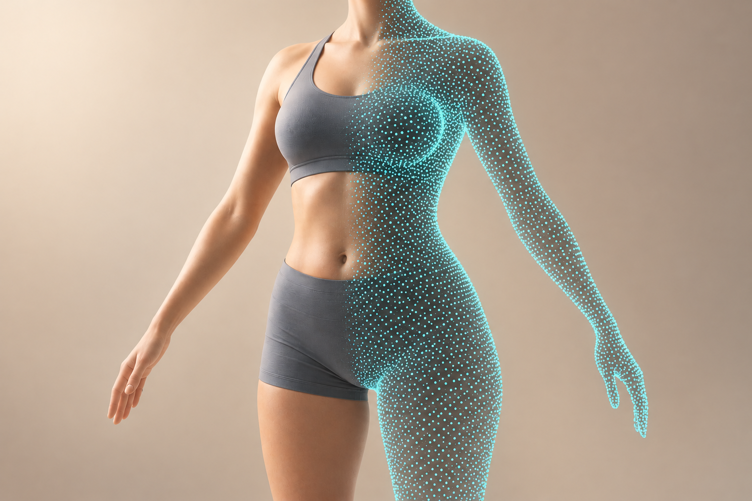 Figure shown half as a person and half as a turquoise point cloud against a beige background