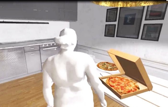 Virtual kitchen scene with a digital person beside an open pizza box on a counter.